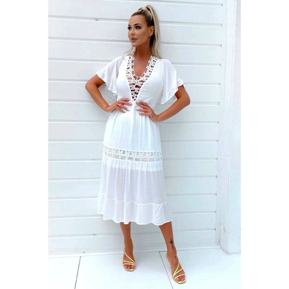 White Crochet Trim Short Sleeve V-Neck Midi Dress - Picture 6 of 8